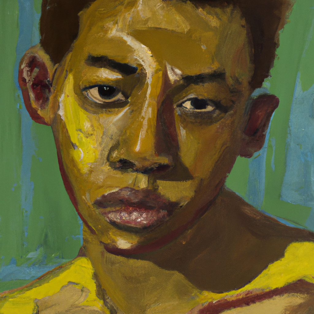 a light skinned african American 15 year old young man with a birthmark in the center of his forehead
