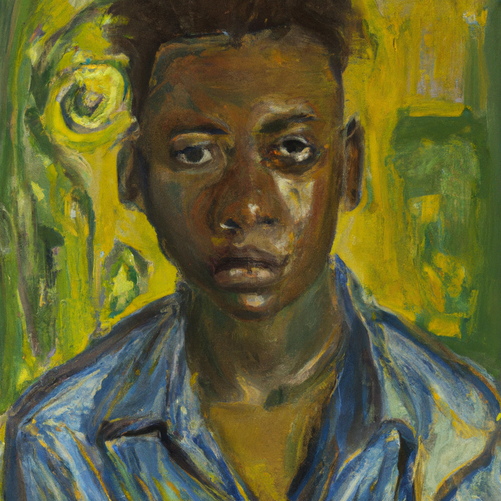 a light skinned african American 15 year old young man with a birthmark in the center of his forehead